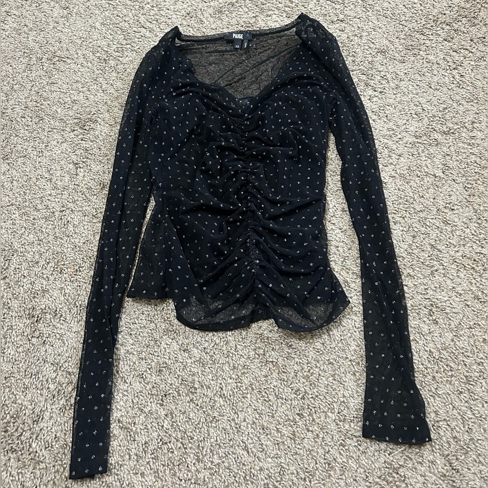 PAIGE Black Sheer Ruched Long-Sleeve Top Meena Metallic Women's Size XS Spandex